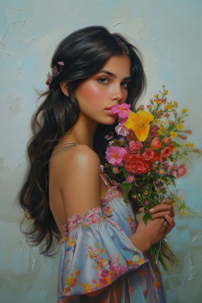 Vibrant Latina Brazilian young girl flower painting portrait.