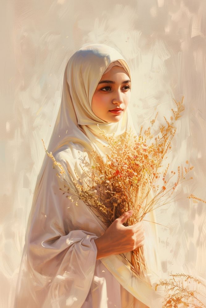 Graceful Muslim young girl flower portrait standing.