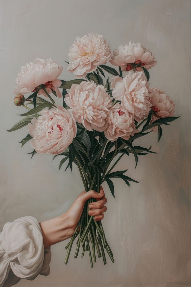 A hand delicately holding a bouquet of peonies painting flower fragility.