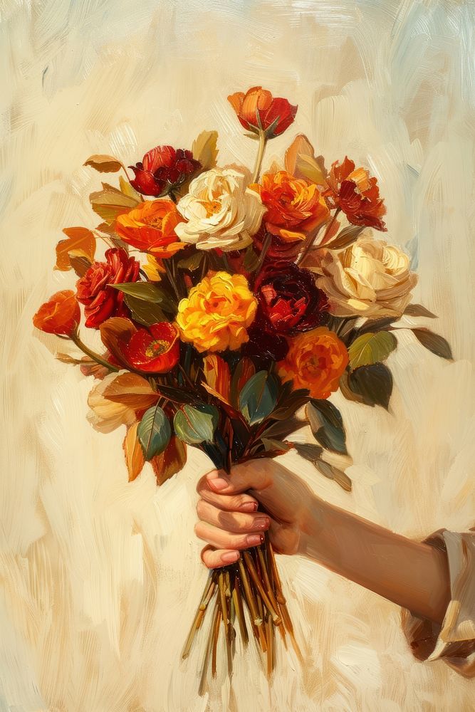 Gentle hand delicately holding a bouquet of autumn flowers painting yellow plant.