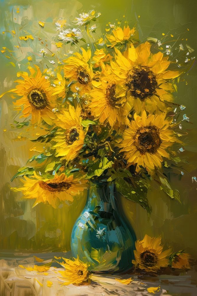 A bouquet of fresh sunflowers in a vase painting plant art.