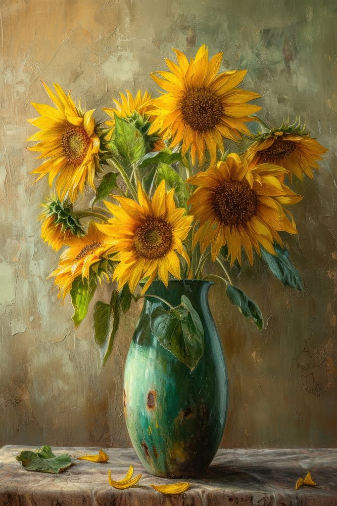 A bouquet of fresh sunflowers in a vase painting plant art.