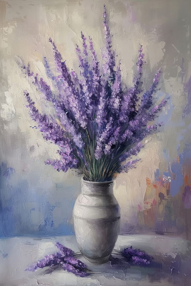 A vase filled with delicate lavenders painting blossom flower.