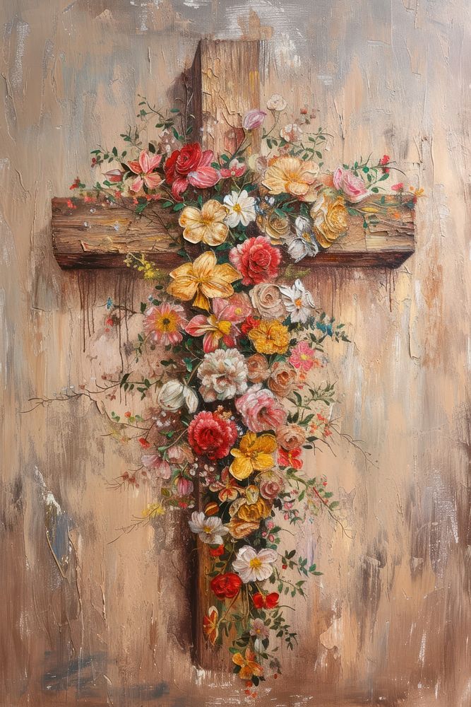 A wooden Christ cross adorned with flowers painting art symbol.