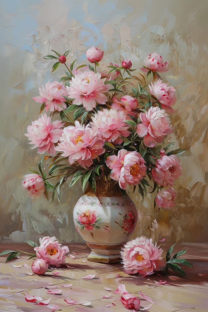 A vase filled with blooming peonies painting flower plant.