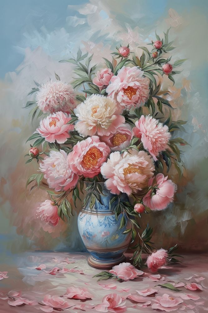 A vase filled with blooming peonies painting flower plant.