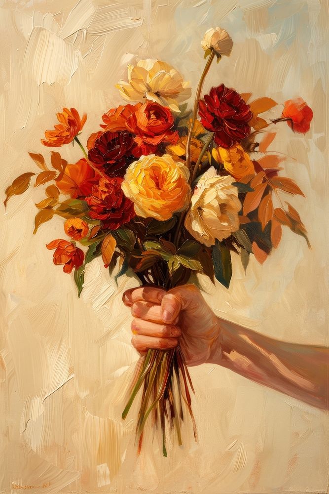 Gentle hand delicately holding a bouquet of autumn flowers painting yellow plant.