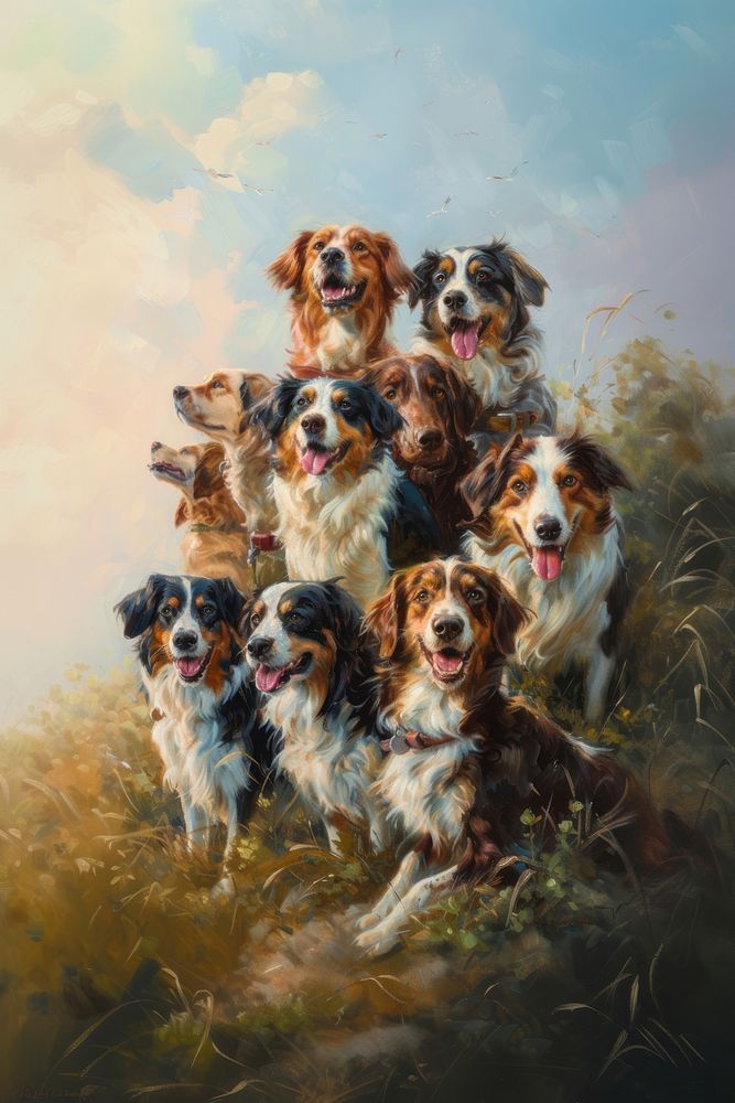 A group of dogs standing proudly as winners of a contest painting animal mammal.