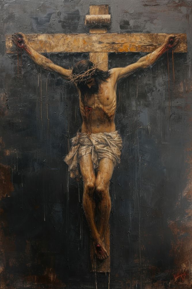 A Rococo-style Christ on the cross painting art crucifix.