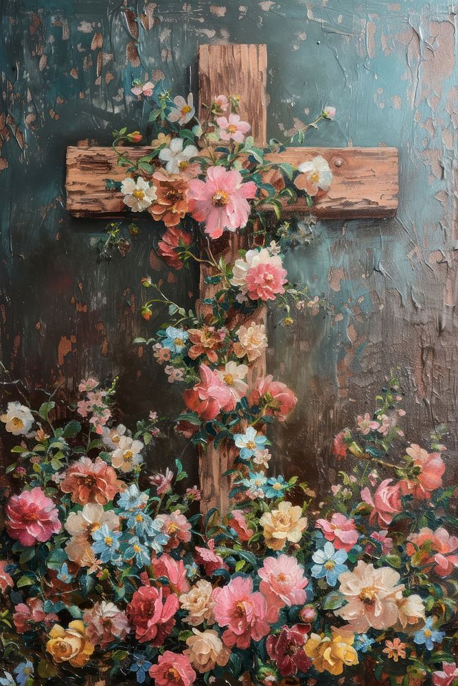 A wooden Christ cross adorned with flowers painting symbol art.