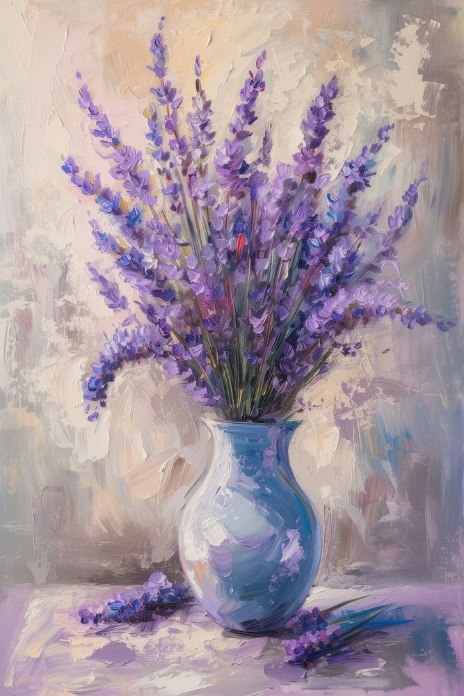A vase filled with delicate lavenders painting blossom flower.