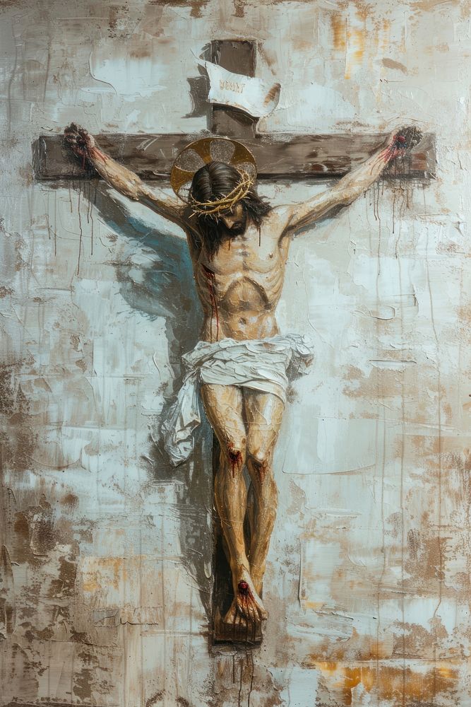 A Rococo-style Christ on the cross crucifix painting representation.