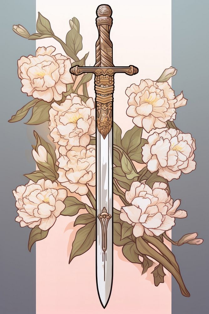 Illustration of sword and flowers dagger weapon knife.