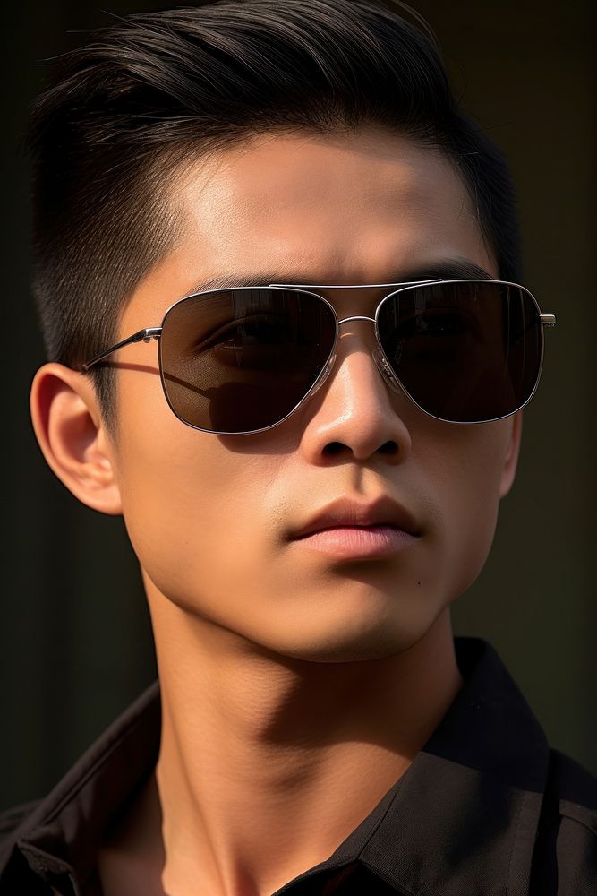 A Vietnamese man south east asian wear fashionable black sunglasses portrait photo contemplation.