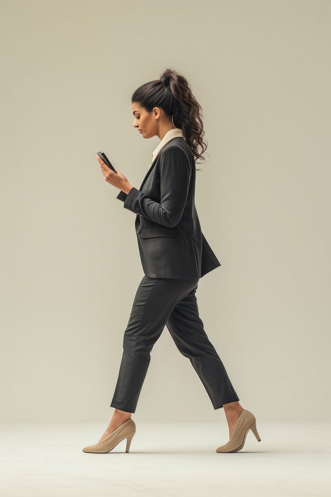 Mixed race adult woman footwear walking phone.