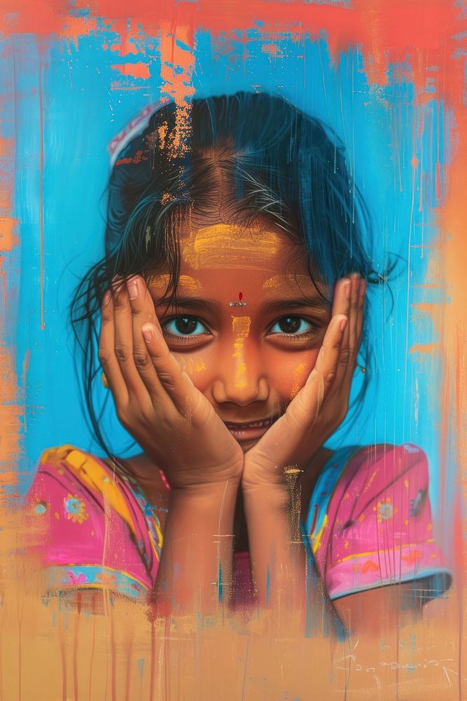 An Indian little girl model painting art portrait.