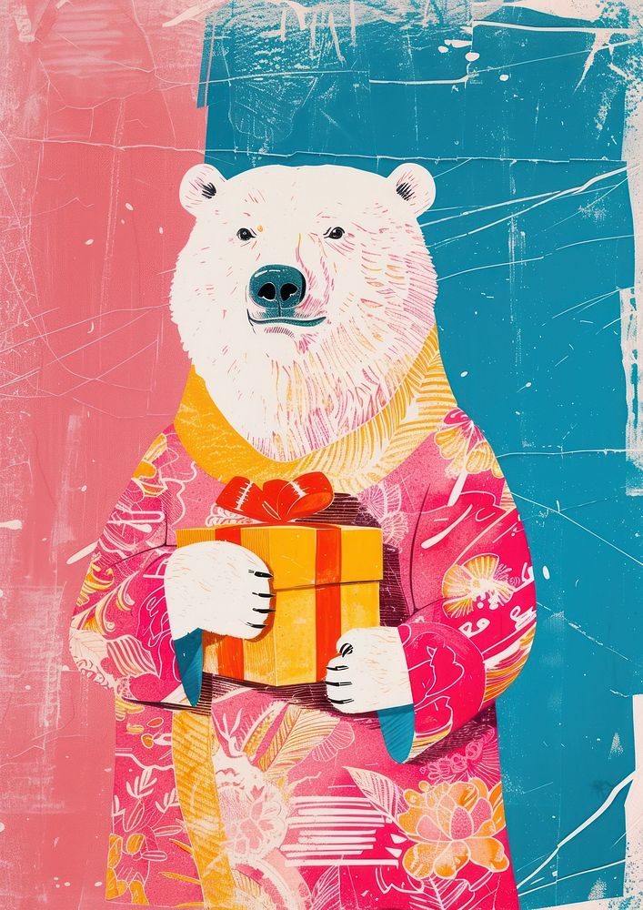 A Happy polar bear celebrating chinese new year wearing chinese suit art painting mammal.