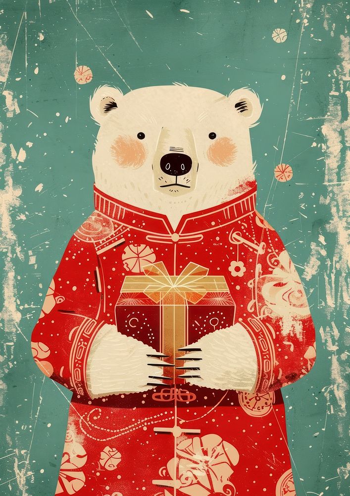 A Happy polar bear celebrating chinese new year wearing chinese suit holding mammal art.