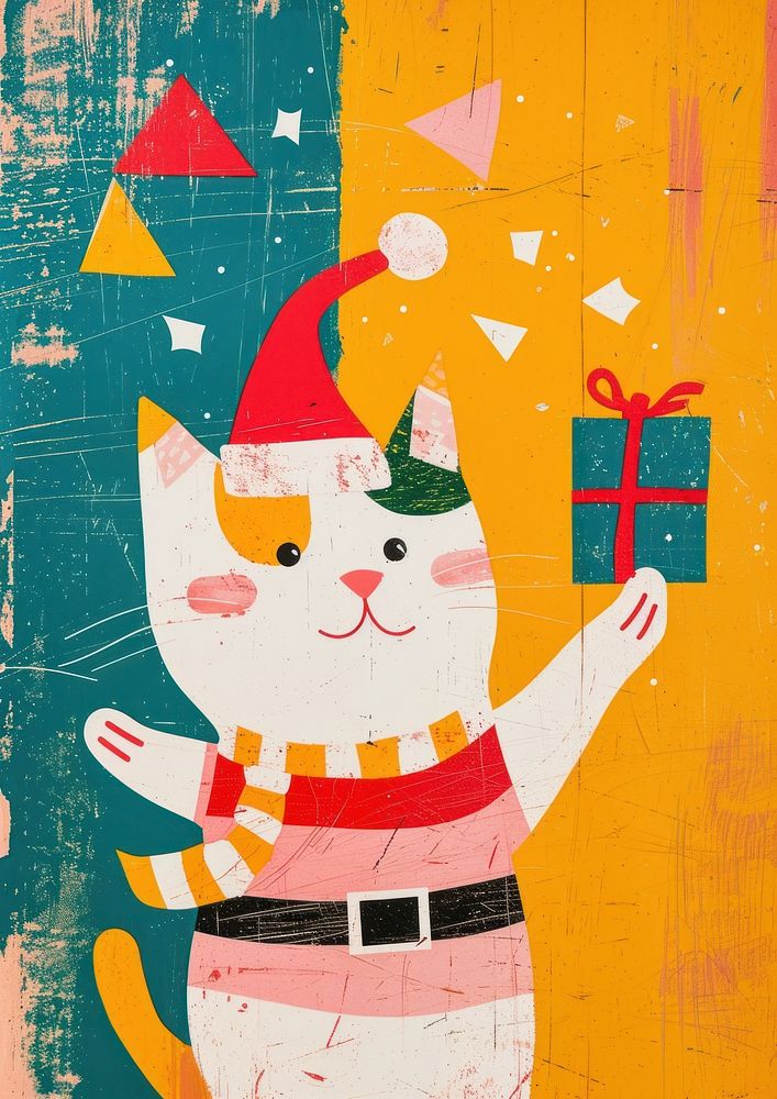 A Happy CAT celebrating Christmas wearing Santa hat art christmas collage.