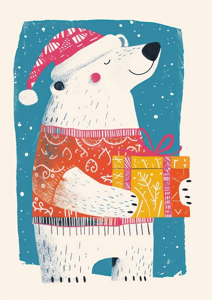 A Happy polar bear celebrating Christmas wearing Santa hat art representation creativity.