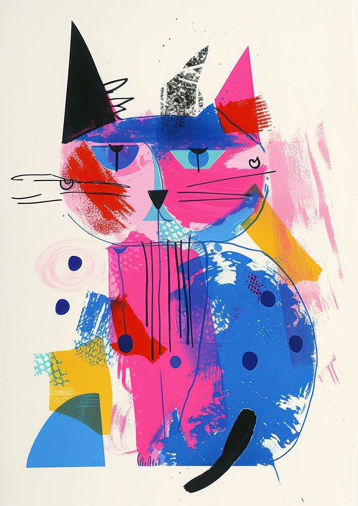 Cat in party outfit abstract painting collage.
