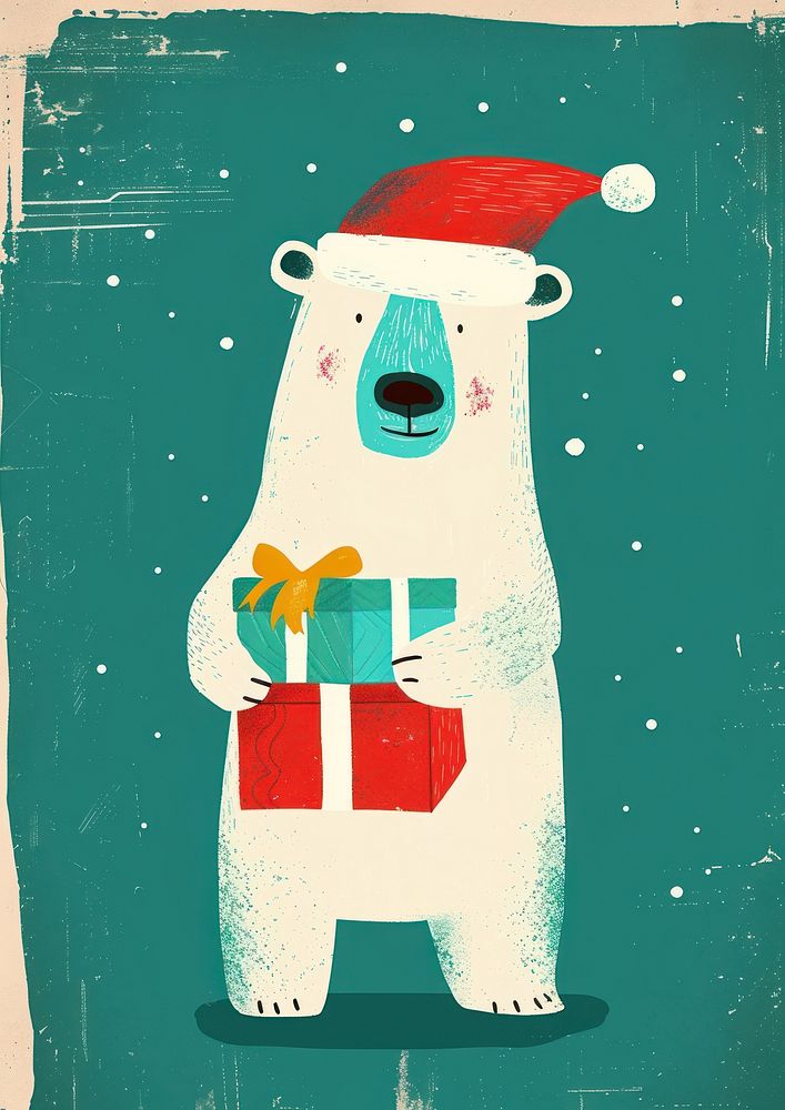 A Happy polar bear celebrating Christmas wearing Santa hat art christmas representation.