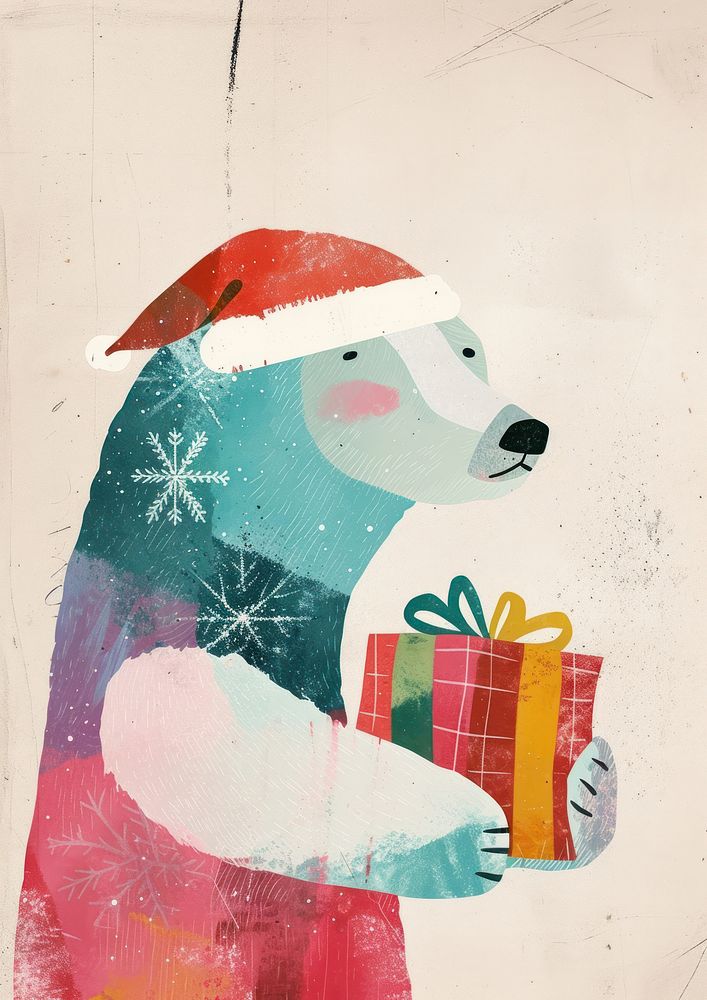 A Happy polar bear celebrating Christmas wearing Santa hat art christmas painting.