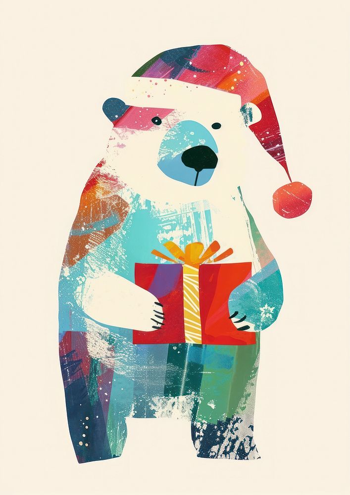 A Happy polar bear celebrating Christmas wearing Santa hat art christmas holding.