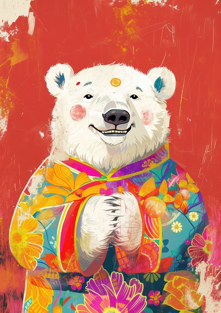 A Happy polar bear celebrating chinese new year wearing chinese suit art mammal animal.