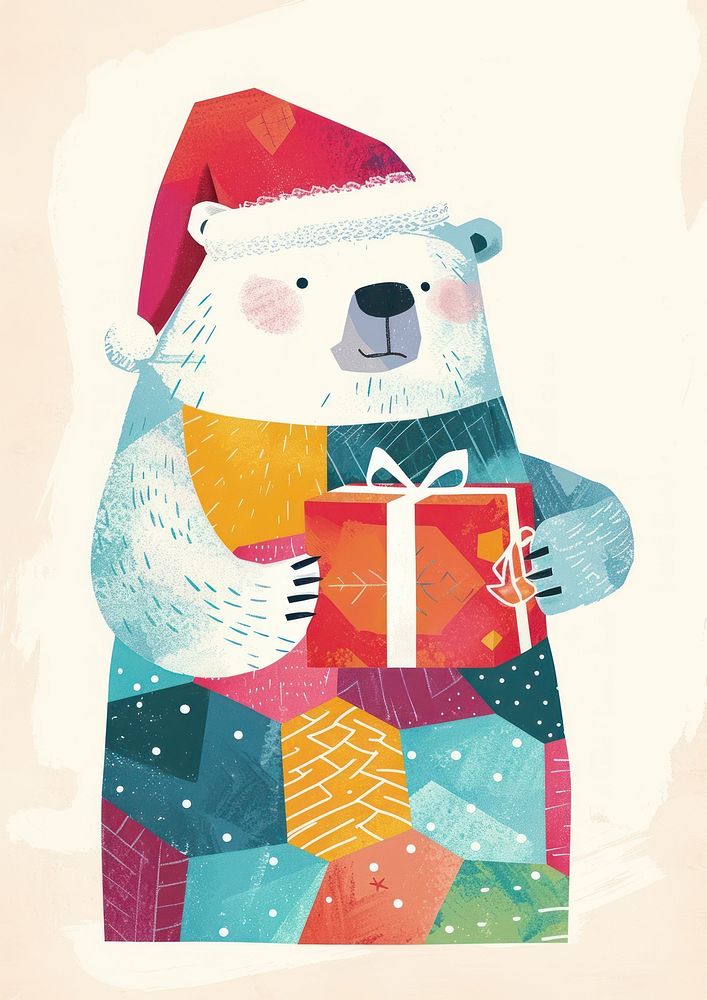 A Happy polar bear celebrating Christmas wearing Santa hat christmas holding winter.