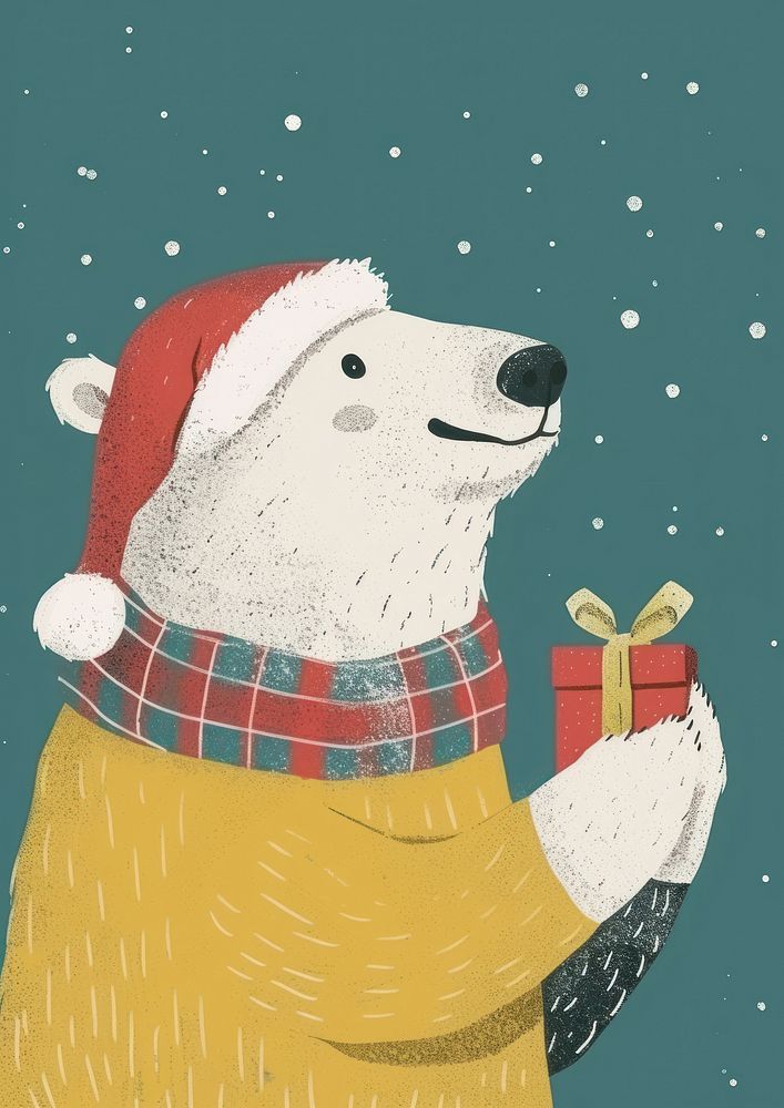 A Happy polar bear celebrating Christmas wearing Santa hat christmas winter representation.