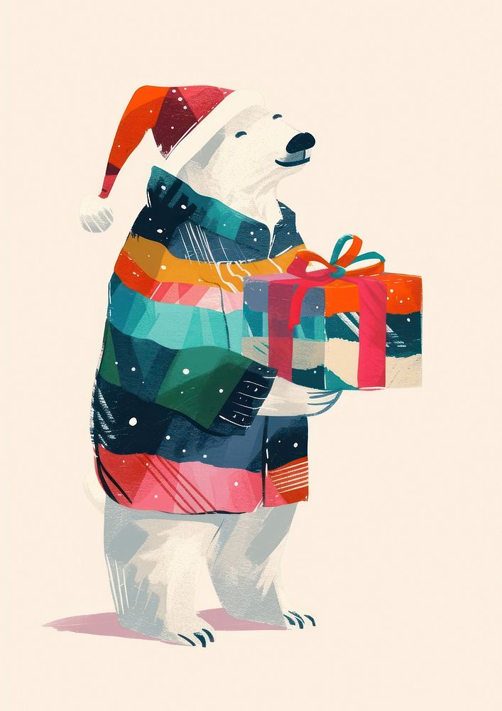 A Happy polar bear celebrating Christmas wearing Santa hat christmas art representation.