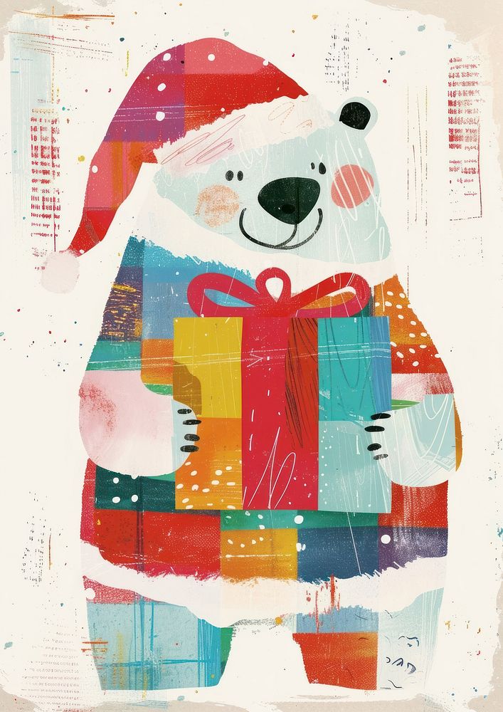 A Happy polar bear celebrating Christmas wearing Santa hat art christmas painting.