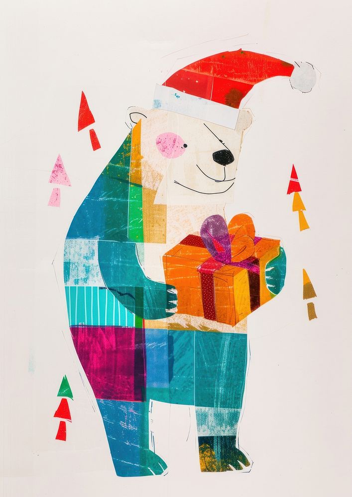 A Happy polar bear celebrating Christmas wearing Santa hat art christmas drawing.