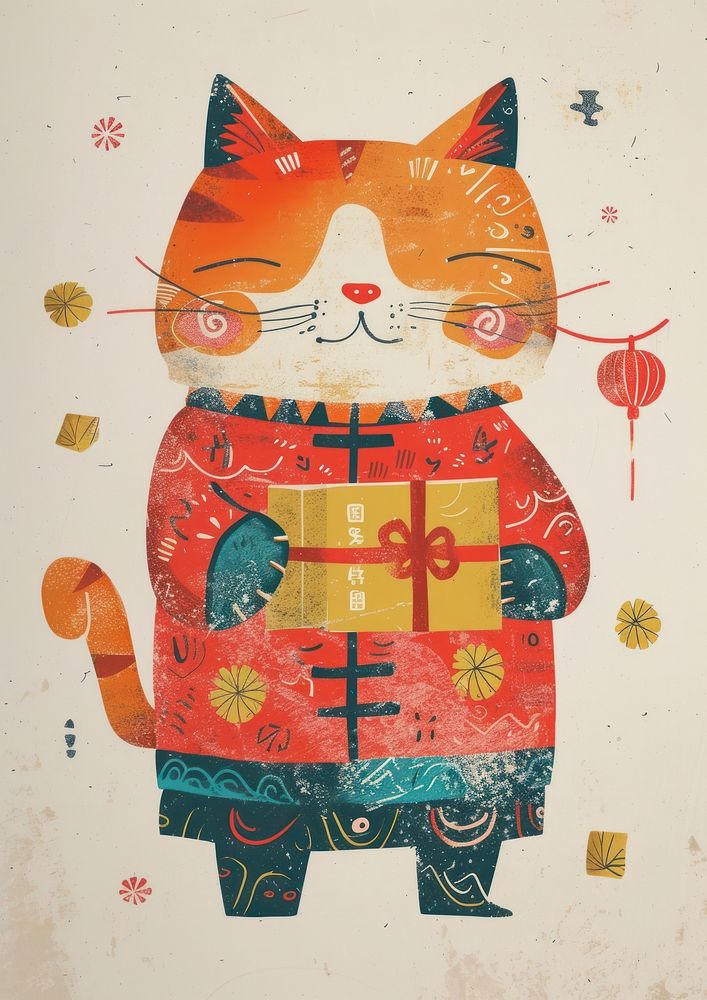 A Happy cat celebrating chinese new year wearing chinese suit art painting pattern.