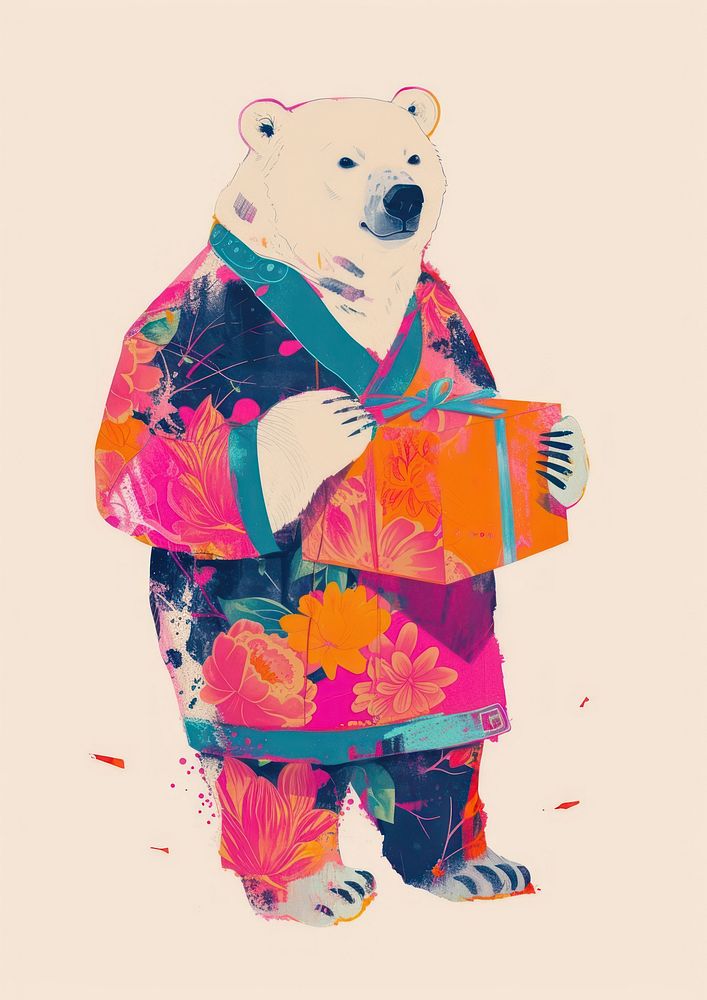 A Happy polar bear celebrating chinese new year wearing chinese suit art holding mammal.