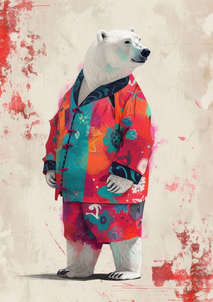A Happy polar bear celebrating chinese new year wearing chinese suit mammal art representation.