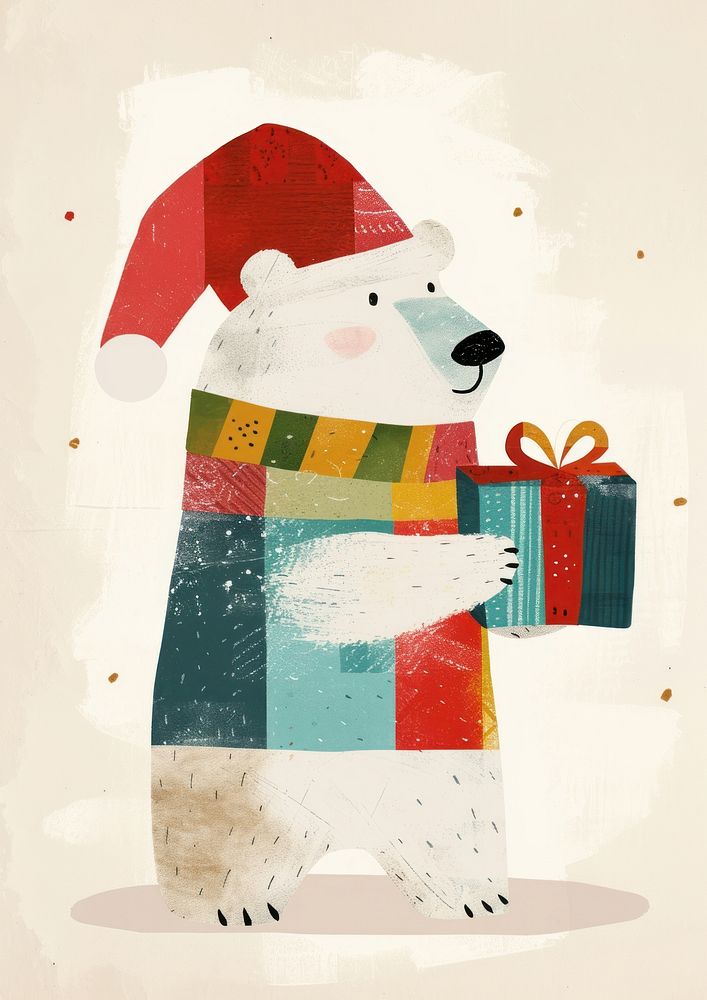 A Happy polar bear celebrating Christmas wearing Santa hat art christmas winter.