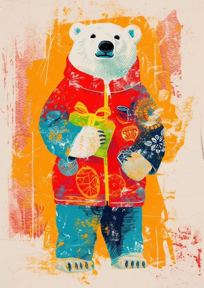 A Happy polar bear celebrating chinese new year wearing chinese suit art painting mammal.
