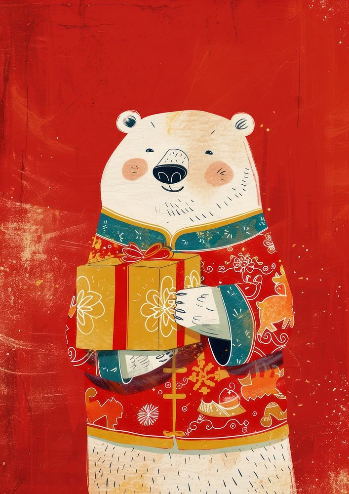A Happy polar bear celebrating chinese new year wearing chinese suit art representation celebration.