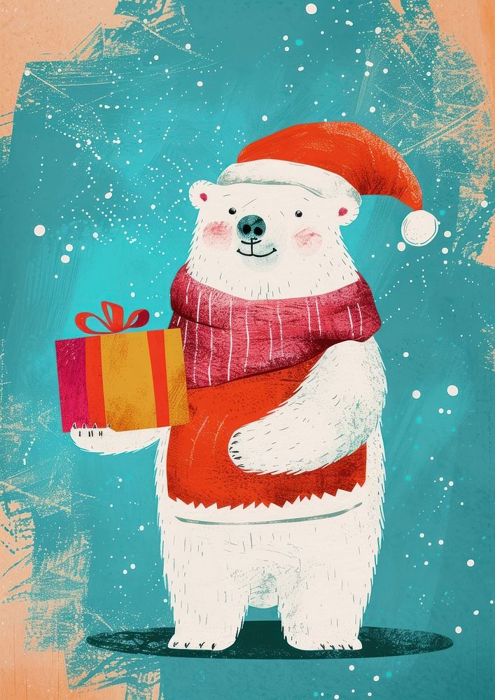 A Happy polar bear celebrating Christmas wearing Santa hat christmas snowman winter.