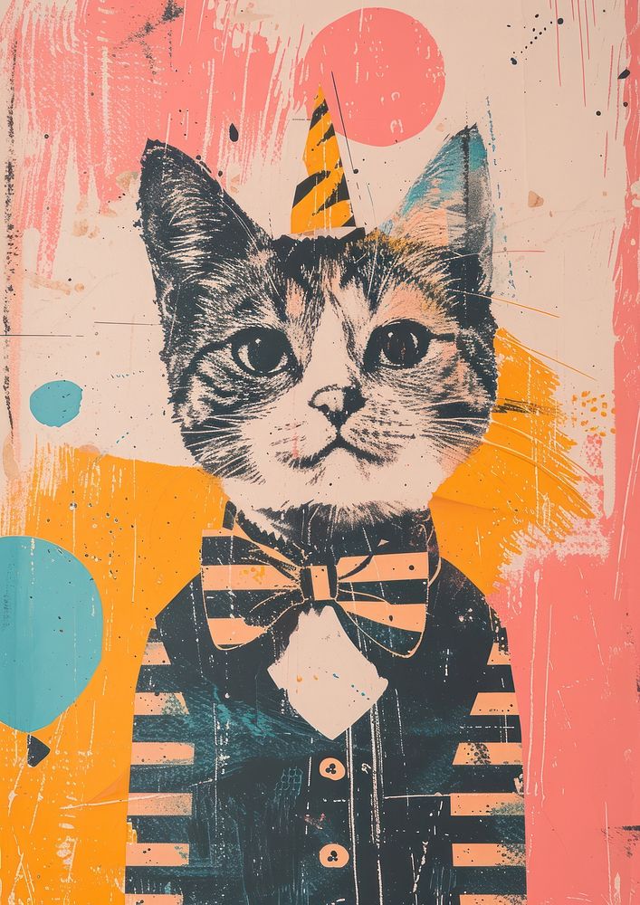 Cat in party outfit painting collage animal.