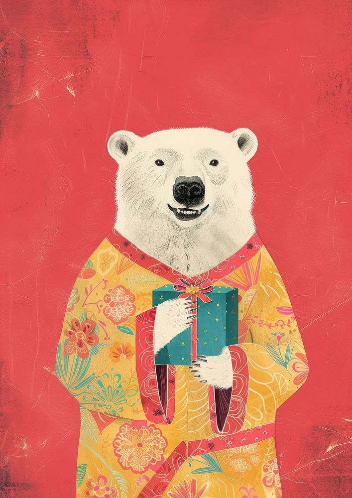 A Happy polar bear celebrating chinese new year wearing chinese suit mammal animal art.