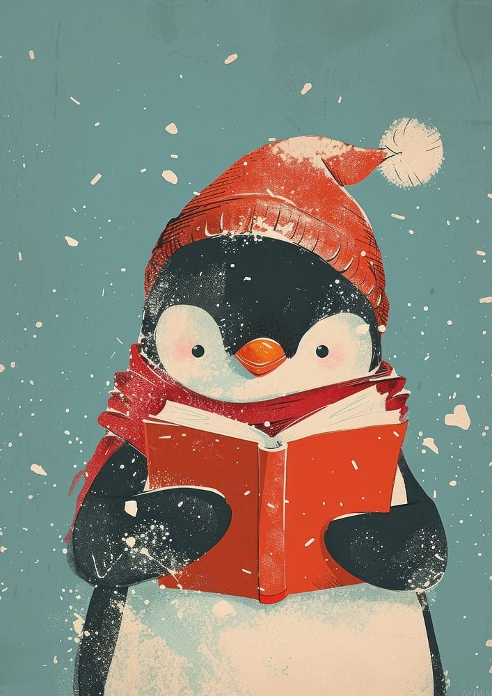 Penguin wear red scaf and hat reading book snowman winter paper.