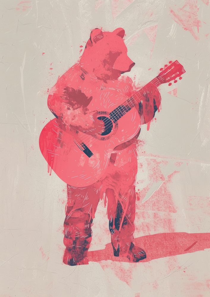 A musician bear in person character art painting guitar.