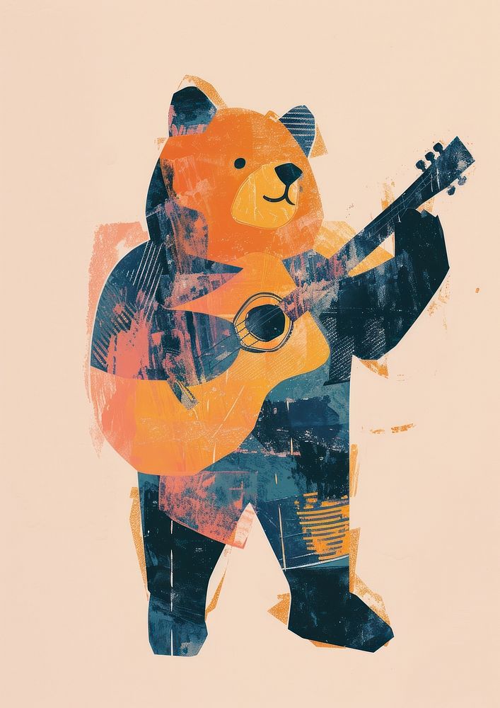 A musician bear in person character art painting guitar.