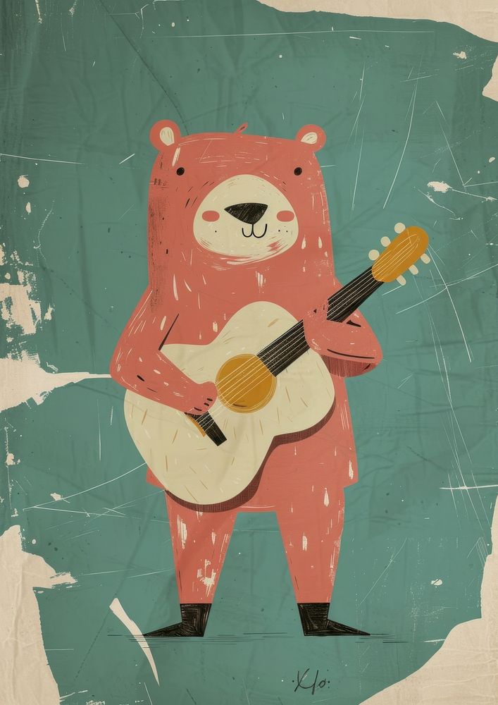 A musician bear in person character art cartoon guitar.