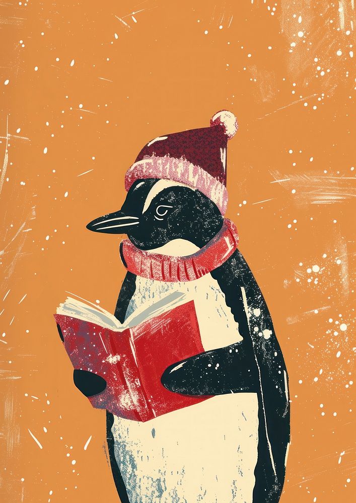 Penguin wear red scaf and hat reading book art animal bird.