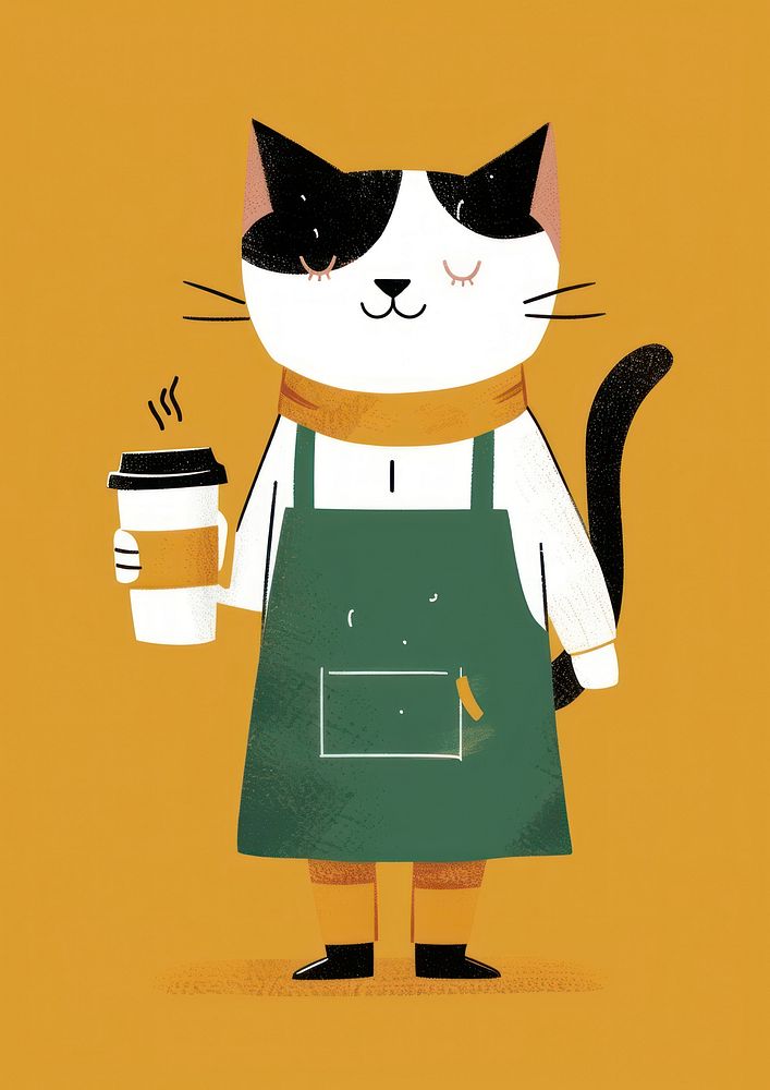 Barista cat in person character cartoon apron anthropomorphic.