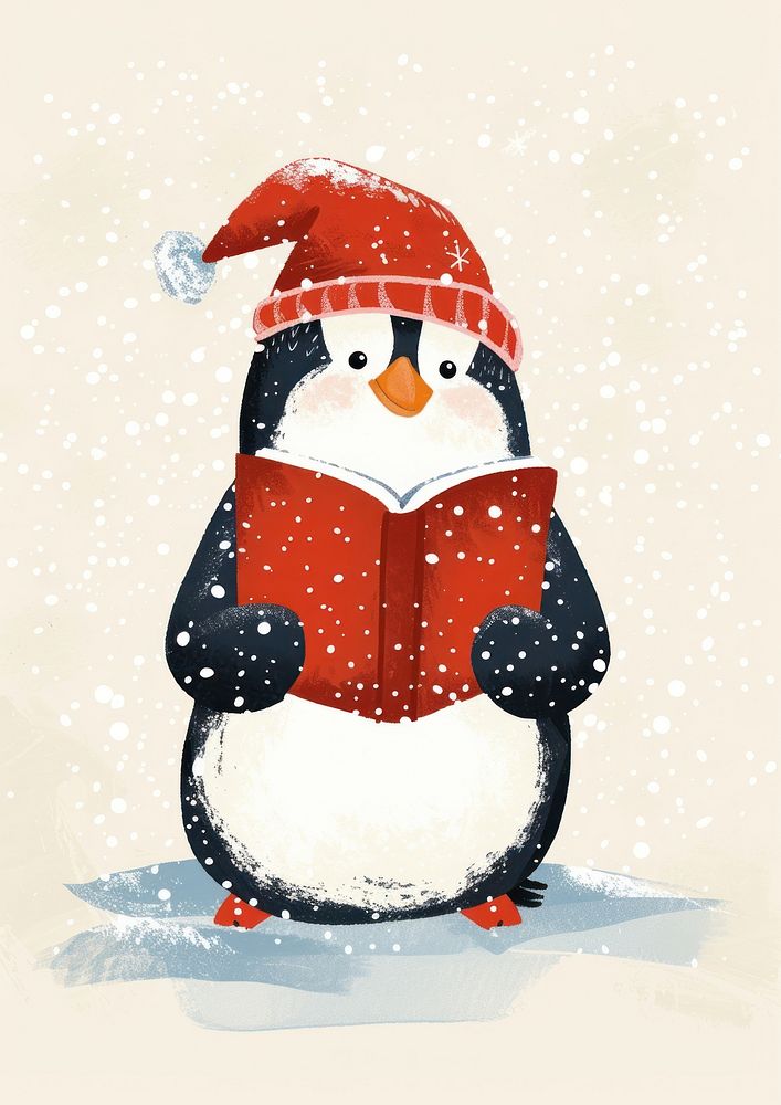 Penguin wear red scaf and hat reading book snowman winter bird.